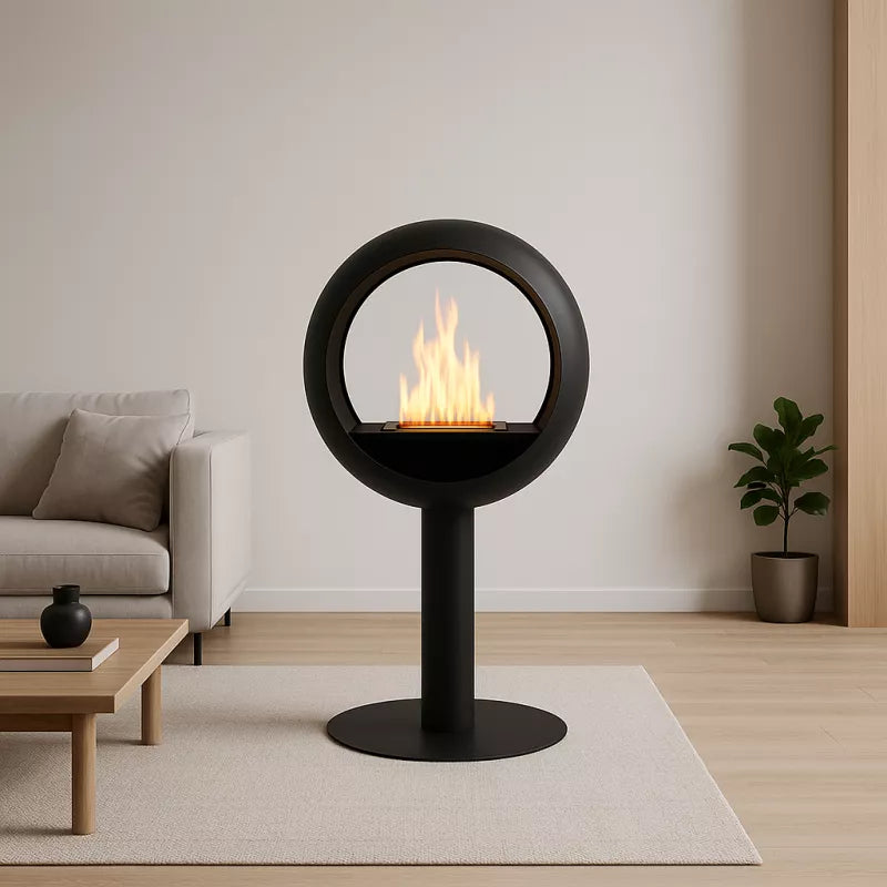 Freistehender Bioethanol Standkamin Standofen VOLTERA - rund, schwarz, zweiseitig offen in modernen Wohnzimmer